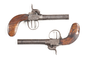 PAIR BELGIUM BOXLOCK PERCUSSION PISTOLS: .45 Cal; 3" round barrels; f. bores; foliate engraved centre hammer actions, damaged nipples; smooth profiles; grey brown patina to barrels & actions, one barrel retains traces of etched designs; plain slab sided g