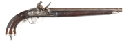 TURKISH FULL STOCKED SILVER MOUNTED FLINTLOCK HOLSTER PISTOL: 60 Cal; 12¾" round damascus barrel with gold decoration to muzzle & breech including Maker's mark; plain lock with Armourer's mark; fitted with a swan necked cock; gold touch hole, semi-rain pr
