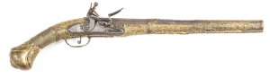 OTTOMAN FULL STOCKED FLINTLOCK HOLSTER PISTOL: 60 Cal; 14" round to octagonal 2 stage watered barrel with Maker's mark to the breech; lock plate with worn foliage engraving & fitted with a swan neck cock & integral pan; bronze eagle finial t/guard with fo