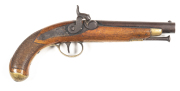 BELGIUM PERCUSSION TRAVELLING PISTOL: .65 Cal; 7" round barrel with ELG oval stamp at breech, foliate engraved tang; f bore; plum barrel & dark grey lock both with areas of old blue black finish in protected areas; back action foliate engraved lock & hamm