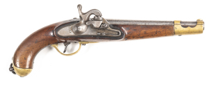 AUSTRIAN TUBE LOCK DRAGOON PISTOL CONVERTED FROM FLINTLOCK: 15 Bore; 9.75" round barrel; f to g bore; plain lock stamped 852; the external spring & pan utilised in the conversion; brass t/guard & furniture; g. profiles; soft grey finish to barrel, lock, c