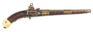 CAUCASIAN MIQUELET HOLSTER PISTOL: 60 Cal; 11½" round barrel secured by 2 brass bands, with foliate panels & a gold o/all finish & gold inlay decoration to the muzzle & breech & including a Maker's mark; p. bore; decorative steel back strap & grip frame w