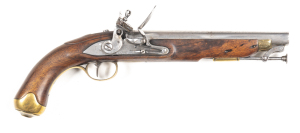 BRITISH NEW LAND PATTERN FLINTLOCK SERVICE PISTOL: 15 bore; 9.5" barrel with captive rod; fair bore; ELG proof to the breech; possibly a Belgium contract pistol; plain lock with TOWER at the heel & ROYAL CYPHER, GR to the centre; fitted with a re-inforced