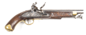 BRITISH NEW LAND PATTERN FLINTLOCK SERVICE PISTOL: 15 bore; 9" barrel; g. bore; British proofs to the breech; borderline engraved lock with TOWER at the heel & ROYAL CYPHER to the centre; fitted with a re-inforced cock & integral pan; slight wear to profi