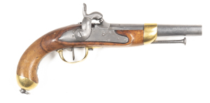 FRENCH XIII 1822 CAVALRY PISTOL CONVERTED TO PERCUSSION 1834: 70 Cal; 7.75" barrel; g. bore; plain lock plate stamped with a small CYPHER & P over 35; GB within a circle to the breech; brass t/guard to the butt cap; g. profiles & clear markings; a pleasin