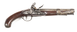 FRENCH INFANTRY OFFICER'S FLINTLOCK PISTOL: 69 Cal; 9" barrel with the year of IX stamped to it; g. bore; N to lhs of barrel at the breech; B36 to tang; plain lock with no visible maker; fitted with a re-inforced cock & integral pan, iron t/guard & furnit