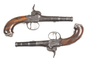 PAIR OF HENSHAW PERCUSSION CANNON BARREL POCKET PISTOLS: 44 ML; 89MM (3½") cannon barrels; centre hammer box lock actions; blue/grey patina to barrels, t/guard & action; g. original walnut grips with ornate silver escutcheons to the wrists & grotesque mas