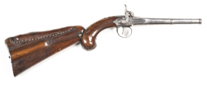 PRESENTATION FRENCH LEPAGE CANNON BARREL PERCUSSION PISTOL WITH DETACHABLE SHOULDER STOCK: 25 Bore; 8", two stage turn off barrel with sections of foliage engraved to the top of the barrel; the breech engraved with the likeness of a fan surmounted by foli