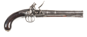 ENGLISH I. DAYKIN NOTTINGHAM FLINTLOCK PISTOL OF GRANDE PROPORTIONS: 80 Cal; 9" round, 4 stage barrel, breech with faint floral tributes; rhs under the barrel struck with THE GUN MAKERS CO. proofs; obverse side I. DAYKIN NOTTINGHAM; rounded lock area; swa