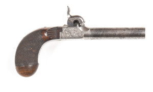 FLEMISH D/B PERCUSSION POCKET PISTOL: 41ML; 76mm (3") damascus twist barrels; g. bores; foliate engraved actions with concealed triggers; no t/guard; vg profiles & clear engraving; silver & grey patina to barrels; silver grey to action; vg walnut chequere