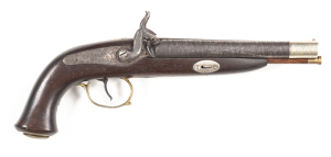 FLEMISH D/B TRAVELLING PERCUSSION PISTOL: 57 Cal; 173mm (6.75") round damascus barrels; g. bores; scroll engraved back action locks with replaced hammers; brass t/guard & hinged butt cap; wear to barrels & address to top rib; dark grey patina to barrels w