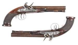 SUPERB PAIR OF G. TURNER DUBLIN FLINTLOCK TRAVELLING PISTOLS: 550 Cal; 8" round, browned damascus barrels with 2 gold bands to the breech; gold poincions to the centre of the bands & marked G. TURNER DUBLIN; plain lock plates with stepped heels & a small 