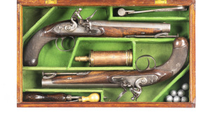 CASED PAIR OF FLINTLOCK OFFICER'S PISTOLS by SMITH LONDON: 15 Bore; 8" round barrels fitted with captive r.rods; f. to g bores; borderline engraved locks with stepped heels, bolted safeties, sunburst engraving & inscribed SMITH; fitted with swan necked co