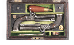 CASED PAIR OF PERCUSSION POCKET PISTOLS BY PATRICK LIVERPOOL: 52 Cal; 4" octagonal barrels struck with BIRMINGHAM proofs; g. bores; standard sights, captive rods & belt hooks; top flats of both pistols inscribed PATRICK LIVERPOOL; foliate engraved boxlock