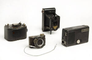 A.P.M. (England): Rajar No.6, c1929 cross-swing strut camera with bakelite body and front plate, for rollfilm; Also, an Atlas S.V.E. Jam Handy Pocket Explainer; a Folmer & Schwing (Graflex) No.0 Graphic & a Zeiss Ikon Kolibri with large Ibsor shutter. (4 