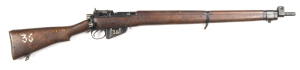 BRITISH FAZAKERLY SMLE NO.4 MK2 B/A SERVICE RIFLE: 303 Cal; 25.2" barrel; g. bore; std sights & fittings; side rail marked NO.4 MK 2 (F) 5/50 PF208392; g. profiles & markings; black paint finish to all metal, thinning in some areas; g. orig stock with min