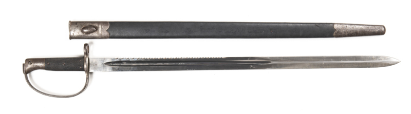 BRITISH PATT 1879 ARTILLERY SAW BACK SWORD BAYONET: vg 25.75" blade; WD inspection stamps & issue date of 12/83 to the ricasso; vg knurled leather grips; soft brown patina to bar hilt; complete with vg sheet steel mounted black leather scabbard; vg cond.