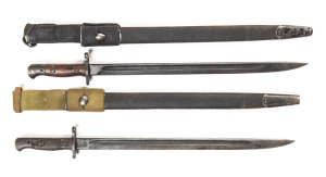 LOT X 2 PATT 1907 BAYONETS: THAI SMILING TIGER: g. 17" blade with a blacked finish; SMILING TIGER & script to the ricasso; f to g grips & hilt; complete with steel mounted leather scabbard & frog. F to g 17" blade with light & dark staining; ROYAL CYPHER