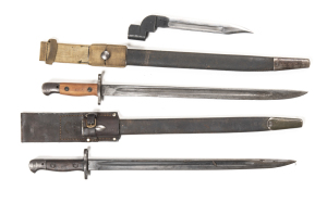 LOT X 3 BAYONETS: BRITISH 1907 PATT: g. 17" blade; ricasso marked WILKINSON 1907 & issue date 1918; Australian DáD marks to cross guard; g. original grips & hilt; complete with correct scabbard & leather frog. BRITISH NO.9 MKI BOWIE BLADE: g. blade; no sc