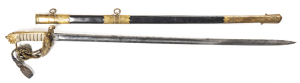 BRITISH NAVY 1827 PATT OFFICER'S SWORD: f to g blade with areas of light & dark staining & etched with acanthus leaves, ROYAL CYPHER & FOULED ANCHOR; Coat of Arms to ricasso; illegible retailer & VEYSE QUEEN ST PORTSEA & PORTSMOUTH; vg ½ basket with 75% g