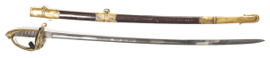 BRITISH 1845/54 PATTERN INFANTRY OFFICER'S SWORD: vg 32" blade etched with acanthus leaves, ROYAL CYPHER & VR; ricasso marked SHOOLBRED & BRADSHAW JERMYN ST ST JAMES'S LONDON; vg profiles & clear blade engravings; brass hilt inset with ROYAL CYPHER & VR; 