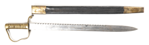 BRITISH PATTERN 1856 PIONEER SWORD: vg cond 22½" unfullered sawtooth backed blade with 6½" false edge, Ordnance view stamp & maker's name MOLE to ricasso; standard all brass hilt with narrow knuckle bow, 4 rivets to grips; complete with original brass mou