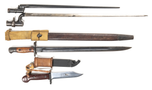 LOT X 4 BAYONETS: LITHGOW PATT 1907: vg 17" blade; ricasso marked LITHGOW & issue date 1918; cross guard marked 3MD 56330; g. grips & hilt; with scabbard & frog. BRITISH 1876 PATT SOCKET: 3" socket that's been cut for theatrical use; 21.8" blade, no scabb