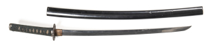 JAPANESE WAKIZASHI: 21¼” blade with a couple of v. minor marks near the point; inscribed YAMASHIRO KAMI YASUNORI SAKU ? ? ? ? ?; visible hamon line; inscribed with the date TENPO NI NEN NI GATSU HI (a Day in February 1831) ? ? ? ? ? ? ?; pierced iron tsub