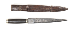 SPANISH SPEAR POINTED DOUBLE EDGED BOWIE KNIFE: vg 8½" blade relief engraved in scroll patterns; ricasso dated 1865 & obverse side marked TOLEDO; exc ebony hilt with German silver ferrule & pommel; the pommel inscribed HONble T.J. WYNN from C.F.B.; comple