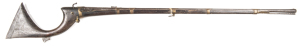 INDIAN SCINDE MATCHLOCK GUN: 20 bore; 50" 3 stage barrel secured by 6 brass bands with flared fluted muzzle & breech, silver wire rope pattern inlay, touch marks with absent poincons, integrated pan; serpentine lock in gwo; unadorned full stock in g. cond