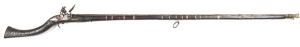 AFGHAN FLINTLOCK MUSKET: 22 bore; 54½" round barrel secured by 14 brass bands with gold koftgari to muzzle, chiselled fluting & faded niello work to breech section; p. bore; fitted with an ex East India Co musket lock, markings faint, ring neck cock & int