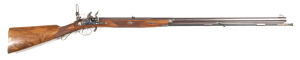 REPRODUCTION FLINTLOCK MORTIMER RIFLE by Pedersoli: .54" Cal; 36½" 3 stage round to octagonal barrel with standard Pedersoli markings; exc bore, 7 groove; tall front blade, 2 leaf rear & wrist mount folding adjustable peep sights; lock with bolted safety,