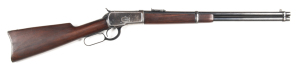 WINCHESTER MOD.1892 L/A SADDLE RING FULL MAG CARBINE: 44 WCF; 11 shot mag; 20" barrel; g. bore; standard sights, barrel address & Cal markings; MODEL 1892 WINCHESTER Trademark to tang; vg profiles, clear barrel address & tang markings; retaining 80% origi