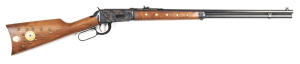 WINCHESTER CHIEF CRAZY HORSE COMMEMORATIVE MODEL 94 L/A RIFLE: 38.55 Cal; 8 shot mag; 24" round barrel; fine bore; standard sights; Winchester address, Cal markings & 1894 WINCHESTER to tang; rifle is "as new", unfired with a full blue finish to barrel, m