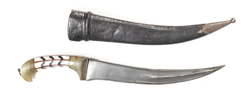 INDIAN PESHKABZ: 8½" single edged, curved blade with a few areas of light staining; vg traditional hilt with jade pommel & ferrule & mother of pearl to the centre; complete with vg leather over wood scabbard with iron mounts; g. cond o/all.