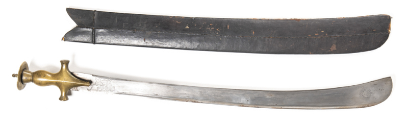 HINDU RAM-DAO SACRIFICIAL SWORD: g. cond 27½" single fullered thick blade with reverse curve & hatchet point, engraved with sun at point & tiger god (Bagh Deo) at ricasso, reverse with engraved eye at point & a number at ricasso; traditional open hilt & d