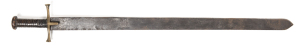 SUDANESE BROADSWORD: 33½" flat unfullered broad straight 'crusader style' blade with chiselled inscriptions to both ricasso, dark patina with areas of shallow pitting; traditional hilt with leather binding & pommel wrap in g cond, brass cross guard of fil