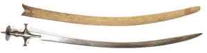 INDIAN TULWAR: vg cond 31½" watered unfullered blade, 8" back edge; Armourer or unit marks to back edge; traditional open hilt & large disc fully decorated with silver koftgari, showing some wear; complete with khaki cloth covered wood scabbard in f to g.