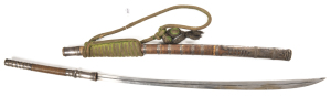 ARABIAN LONGSWORD: g. cond 35" slightly curved single fuller blade, two small fractures to edge in foible section; straight double handed wood grip bound with fine twisted twine & wrapped with silver sheet bound with fine silver wire; complete with f to g