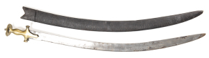 INDIAN TULWAR: f cond 30½" unfullered blade, 9" back edge, sml areas of light rust; unadorned traditional open hilt & askew disc of brass; complete with orig f. cond hide covered wood scabbard, stitched a/f. 19th C. L/R