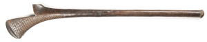 FIJIAN SALI WAR CLUB: 41½" long hardwood club, slightly curved 1½" diameter haft with carved disc pommel; traditional broad head chequered with octagonal 'dots'; end terminates in ridged beak; point absent at rear of head & with long split at juncture. A 