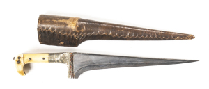 AFGHAN CHOORA: vg tapered 9¼" polished blade with engraving to back edge; engraved silver hilt mounts; aged ivory grips & red pigment colour to the forte; complete with g. leather over wood scabbard. Circa 1830 L/R