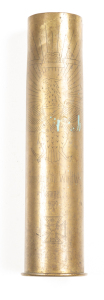 GERMAN WWI ARTILLERY SHELL CASING: 10.6cm x 50cm; casing is unpolished & in original cond; the base dated 1917; the casing inscribed with winged crest, surmounted by a Crown with an inscription souvenir of the World War Kemmel, dated 1919 & the likeness o