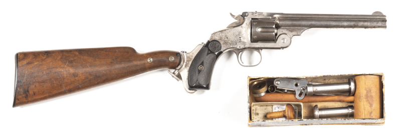 SOUTH AUSTRALIAN COLONIAL POLICE ISSUE SMITH & WESSON NEW MODEL NO.3 C/F REVOLVER: 44 Russian Cal; 6 shot fluted cylinder; 178mm (7") round barrel; g. bore; standard sights, 2 line S&W address & Patent dates to top barrel flat; g. profiles, clear address