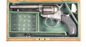 CASED LONDON COLT LIGHTNING C/F REVOLVER: 38 Cal; 6 shot fluted cylinder; 114mm (4½") round barrel; f to g bore; standard sights; 2 line COLT PALL MALL address & COLT D.A. 38 within a panel to lhs of barrel; Patent dates to lhs of frame; LONDON proofs to 