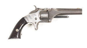 SMITH & WESSON MODEL 1 FIRST ISSUE R/F REVOLVER: 22 short; 7 shot non fluted cylinder; 82mm (3¼") octagonal barrel; fair bore; standard sights & single line S&W address; plain frame with spur trigger; g. profiles & clear address; a pleasing grey finish to