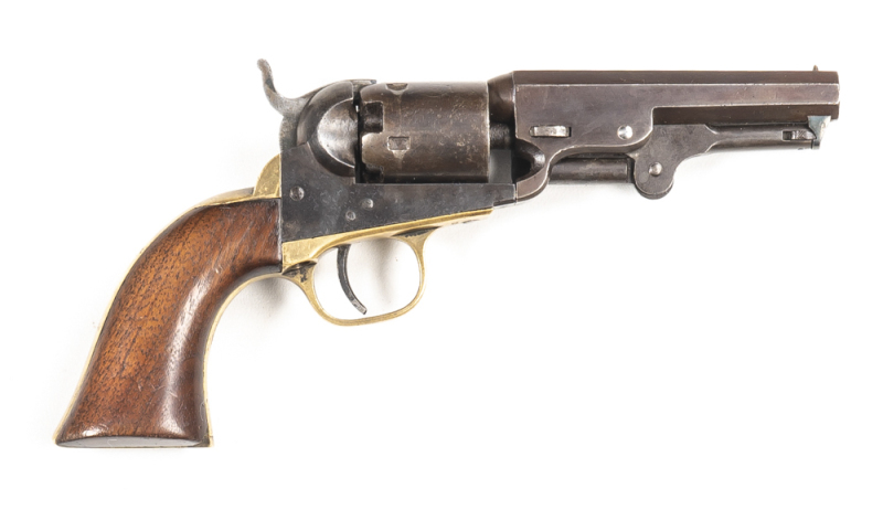 COLT 1849 POCKET PERCUSSION REVOLVER: 31 Cal; 5 shot non fluted cylinder with 40% scene; 102mm (4") oct barrel; fair bore; std sights & one line NEW YORK address; COLTS PATENT to lhs of frame; brass t/guard & back strap; g. profiles with wear to address;