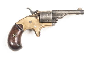 COLT OPEN TOP POCKET R/F REVOLVER: 22 short; 7 shot non fluted cylinder; 61mm (2 3/8") round barrel; fair bore; standard sights & 2 line HARTFORD barrel address; plain brass frame with spur trigger & marked 22 CAL; slight wear to profiles & clear address;