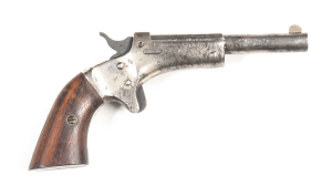 STEVENS NO.41 TIP UP POCKET PISTOL: 22 Cal; s/shot; 89mm (3½") octagonal to round barrel; poor bore; standard sights & barrel address; fine pitting to octagonal part of barrel, rhs & lhs of frame; plain frame with spur trigger; traces of original nickel f