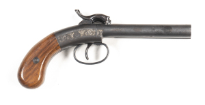 ETHAN & ALLEN BY HOPPE'S PERCUSSION D/B MINER'S PISTOL: 38 Cal; 102mm (4") round barrels; exc bores; engraved centre hammer actions; vg profiles, clear markings & engravings; dark grey finish to all metal; g. plain wooden grips; gwo & cond. #S0558